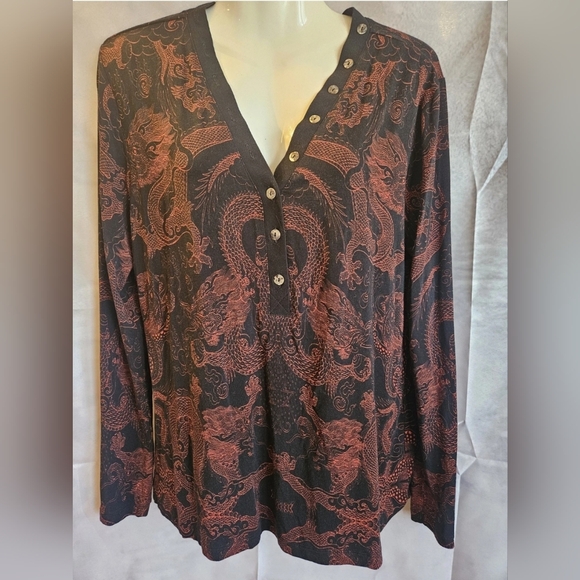 Johnny Was Tops - Johnny Was Dragon Print Henley Top Black Red Rayon Stretch Size Small